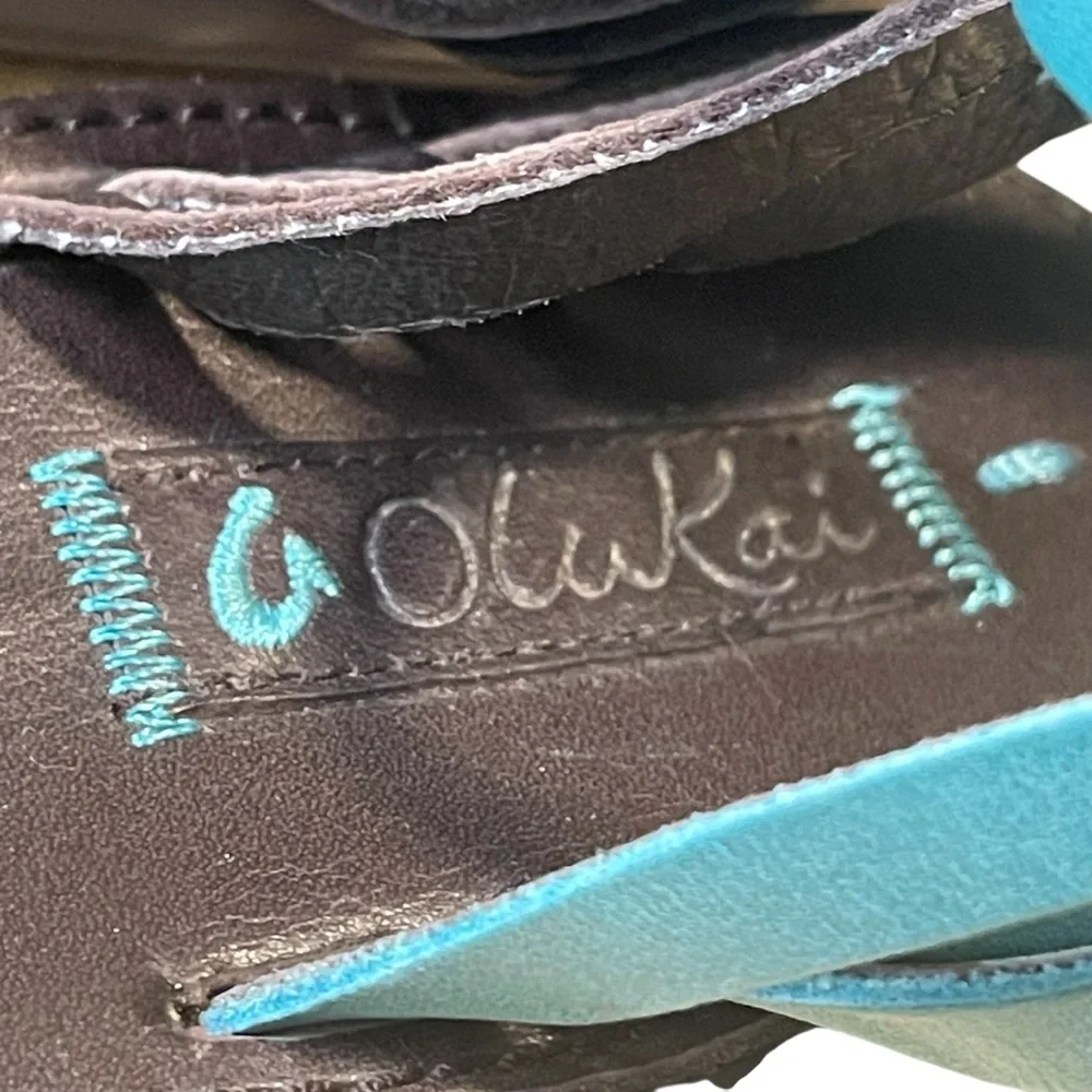 Olukai Leather Beach Sandal Wet Grip Sole Brown & Turquoise Blue Size 6